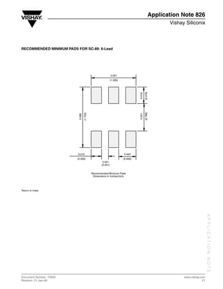 Application Note 826
                                                                                                                 Vishay Siliconix




RECOMMENDED MINIMUM PADS FOR SC-89: 6-Lead




                                                                    0.051
                                                                    (1.300)




                                                                                                (0.478)
                                                                                        0.019
                                                                                                (0.798)
                                         (1.753)




                                                                                        0.031
                                 0.069




                                0.012                                         0.020
                                (0.300)                                       (0.500)
                                                           0.051
                                                          (0.201)


                                                   Recommended Minimum Pads
                                                    Dimensions in Inches/(mm)



              Return to Index
Return to Index




                                                                                                                                        APPLICATION NOTE




Document Number: 72605                                                                                                 www.vishay.com
Revision: 21-Jan-08                                                                                                                21
 
