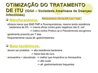 OTIMIZAÇÃO DO TRATAMENTO DE ITU  (IDSA – Sociedade Americana de Doenças Infecciosas) Nitrofurantoína:   *  eficácia menor que SMZ-TMP e Fluoroquinolonas, mesmo tendo resistência bacteriana de 5%  -> menos eficaz contra gram negativos não  E. coli -> inativo contra  Proteus sp  e  Pseudomonas aeruginosa *  geralmente prescrito por 7 dias *  frequentemente causa alt. gastrointestinais Beta-lactâmicos: *  devem ser proibidos  -> alta resistência bacteriana -> baixa taxa de cura *  amoxacilina + clavulonato  -> melhor que Ampicilina ou Amoxacilina -> alto custo -> alt. gastrointestinais frequentes Nitrofurantoína 100 mg 6/6 h por 7 dias 