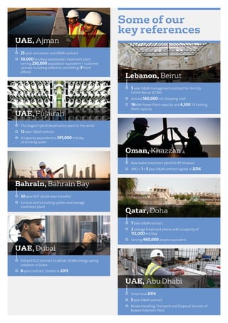 The largest hybrid desalination plant in the world
12-year O&M contract
A capacity equivalent to 591,000 m3/day
of drinking water
Raw water treatment plant for BP Khazzan
DBO + 1 + 5 year O&M contract signed in 2014
Etihad ESCO contract to deliver DEWA energy saving
solutions in Dubai
6-year contract, started in 2015
5-year O&M management contract for the City
Centre Beirut (CCBe)
Around 160,000 m2 shopping mall
16MW Power Plant capacity and 4,500 TR Cooling
Plant capacity
50-year BOT (build-own-transfer)
Central district cooling system and sewage
treatment plant
7-year O&M contract
2 sewage treatment plants with a capacity of
112,000 m3/day,
Serving 460,000 people equivalent
25-year concession and O&M contract
50,000 m3/days wastewater treatment plant
serving 250,000 population equivalent + customer
services including collection and billing (3 front
oﬃces)
UAE, Ajman
Lebanon, Beirut
UAE, Fujairah
Oman, Khazzan
Bahrain, Bahrain Bay
Qatar, Doha
UAE, Dubai
UAE, Abu Dhabi
Since June 2014
3-year O&M contract
Waste Handling, Transport and Disposal Services of
Ruwais Polymers Plant
Some of our
key references
 
