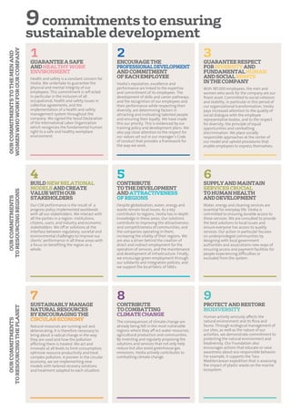 OURCOMMITMENTS
TORESOURCINGTHEPLANET
7 8
CONTRIBUTE
TOCOMBATTING
CLIMATECHANGE
9
PROTECTANDRESTORE
BIODIVERSITY
SUSTAINABLYMANAGE
NATURALRESOURCES
BYENCOURAGINGTHE
CIRCULARECONOMY
Natural resources are running out and
deteriorating. It is therefore necessary to
bring about a radical change in the way
they are used and how the pollution
aﬀecting them is treated. We act and
innovate at all levels to limit consumption,
optimize resource productivity and treat
complex pollution. A pioneer in the circular
economy, we are implementing new
models with tailored recovery solutions
and treatment adapted to each situation.
The consequences of climate change are
already being felt in the most vulnerable
regions where they aﬀ ect water resources,
agricultural production and communities.
By inventing and regularly proposing the
solutions and services that not only help
reduce but also avoid greenhouse gas
emissions, Veolia actively contributes to
combatting climate change.
Human activity seriously aﬀects the
natural environment and its ﬂora and
fauna. Through ecological management of
our sites, as well as the nature of our
activities, we demonstrate commitment to
protecting the natural environment and
biodiversity. Our Foundation also
encourages actions that educate or raise
awareness about eco-responsible behavior.
For example, it supports the Tara
Mediterranean expedition that is assessing
the impact of plastic waste on the marine
ecosystem.
OURCOMMITMENTS
TORESOURCINGREGIONS
9commitmentstoensuring
sustainabledevelopment
5
CONTRIBUTE
TOTHEDEVELOPMENT
ANDATTRACTIVENESS
OFREGIONS
6
SUPPLYANDMAINTAIN
SERVICESCRUCIAL
TOHUMANHEALTH
ANDDEVELOPMENT
4
BUILDNEWRELATIONAL
MODELSANDCREATE
VALUEWITHOUR
STAKEHOLDERS
Our CSR performance is the result of a
progress policy implemented worldwide
with all our stakeholders. We interact with
all the parties in a region: institutions,
citizens, users, and industry and economic
stakeholders. We oﬀ er solutions at the
interface between regulatory, societal and
environmental challenges to improve our
clients’ performance in all these areas with
a focus on beneﬁting the region as a
whole.
Despite globalization, water, energy and
waste remain local issues. As a key
contributor to regions, Veolia has in-depth
knowledge in these areas. Our solutions
contribute to improving the attractiveness
and competitiveness of communities, and
the companies operating in them,
increasing the vitality of their regions. We
are also a driver behind the creation of
direct and indirect employment for the
operation of services, and the maintenance
and development of infrastructure. Finally,
we encourage green employment through
our solidarity and integration policies, and
we support the local fabric of SMEs.
Water, energy and cleaning services are
essential for everyday life. Veolia is
committed to ensuring durable access to
these services. We are consulted to provide
the best solutions to local issues and
ensure everyone has access to quality
services. Our action in particular focuses
on underprivileged communities by
designing with local government
authorities and associations new ways of
ensuring access and payment facilities for
people experiencing diﬃculties or
excluded from the system.
1
GUARANTEEASAFE
ANDHEALTHYWORK
ENVIRONMENT
2
ENCOURAGETHE
PROFESSIONALDEVELOPMENT
ANDCOMMITMENT
OFEACHEMPLOYEEHealth and safety is a constant concern for
Veolia. We undertake to guarantee the
physical and mental integrity of our
employees. This commitment is reﬂ ected
in particular in the inclusion of all
occupational, health and safety issues in
collective agreements, and the
implementation of a health and safety
management system throughout the
company. We signed the Seoul Declaration
of the International Labor Organization
which recognizes the fundamental human
right to a safe and healthy workplace
environment.
Veolia’s reputation, excellence and
performance are linked to the expertise
and commitment of its employees. The
development of skills and career pathways,
and the recognition of our employees and
their performance while respecting their
diversity, are determining factors in
attracting and motivating talented people
and ensuring their loyalty. We have made
this our priority. This is evidenced by our
training policy and development plans. We
also pay close attention to the respect for
our values set out in our manager’s Code
of conduct that provides a framework for
the way we work.
With 187,000 employees, the men and
women who work for the company are our
ﬁnest asset. Committed to social cohesion
and stability, in particular in this period of
our organizational transformation, Veolia
pays increased attention to the quality of
social dialogue with the employee
representative bodies, and to the respect
for diversity, the principle of equal
opportunities and combatting
discrimination. We place socially
responsible approaches at the center of
our model and uphold procedures that
enable employees to express themselves.
3
GUARANTEERESPECT
FORDIVERSITYAND
FUNDAMENTALHUMAN
ANDSOCIALRIGHTS
INTHECOMPANY
OURCOMMITMENTSTOTHEMENAND
WOMENWHOWORKFOROURCOMPANY
 