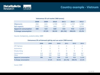 Country example - Vietnam
Vietnamese CR coil market ('000 tonnes)
12 of 19
2008 2009 2010 2011 2012 2013
Shipments 432 631 1,720 1,473 1,747 1,780
Net exports (720) (709) (46) 137 10 (221)
Apparent consumption 380 522 828 153 916 1,119
% change consumption 37.2% 58.5% (81.5%) 498.9% 22.2%
Source: Companies, customs data, MBR
2008 2009 2010 2011 2012 2013
Off-Highway 1 1 1 1 1 1
Automotive 6 6 8 6 7 6
Shipbuilding 0 0 0 0 0 0
Construction 123 170 270 48 299 367
Other 250 346 548 98 608 745
Apparent consumption 380 522 828 153 916 1,119
% change consumption 37.2% 58.5% (81.5%) 498.9% 22.2%
Source: MBR
Vietnamese CR coil demand split by end-use sector ('000 tonnes)
 