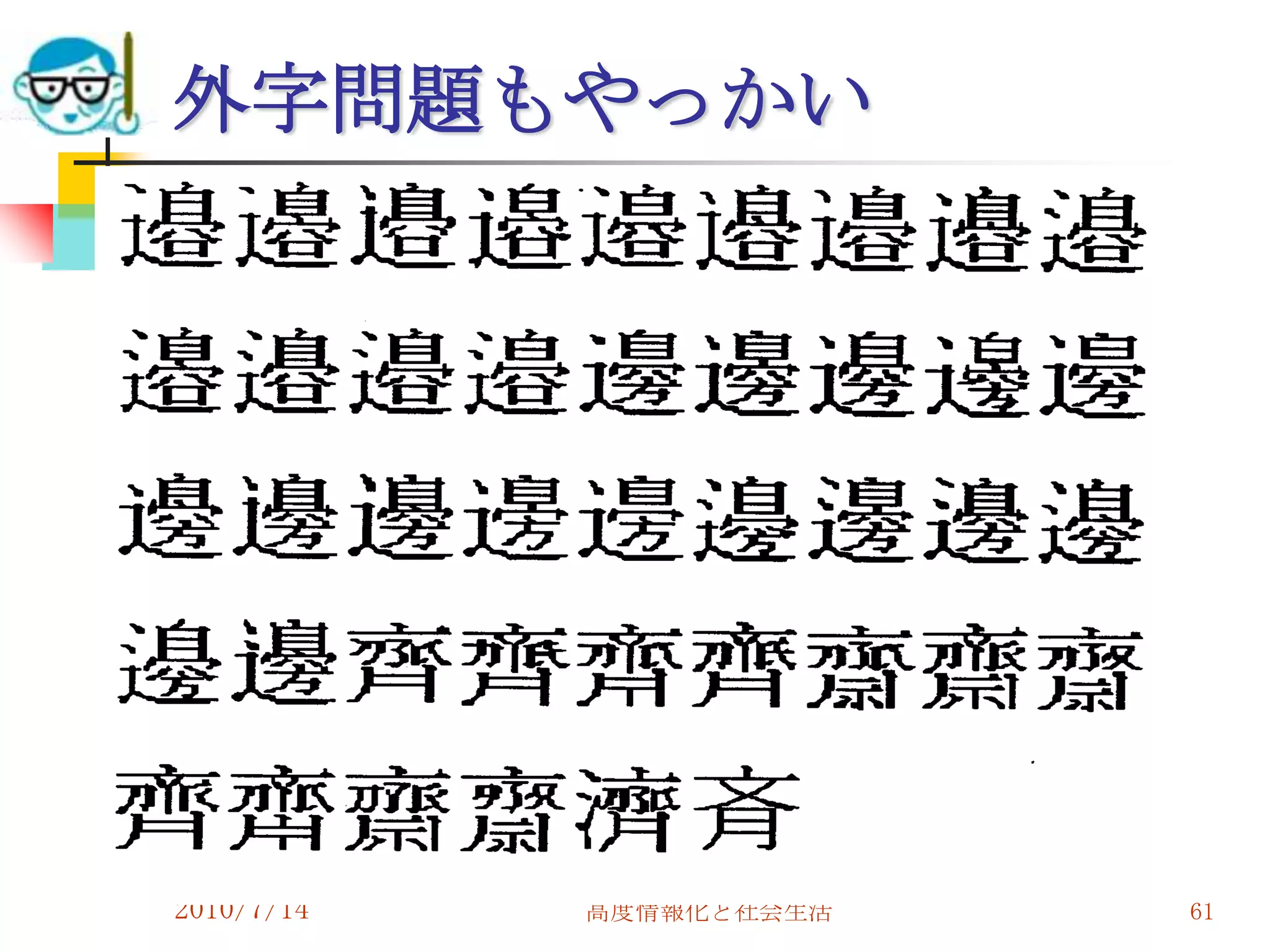 外字問題もやっかい




2010/7/14   高度情報化と社会生活   61
 