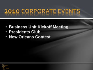 • Business Unit Kickoff Meeting
• Presidents Club
• New Orleans Contest
 