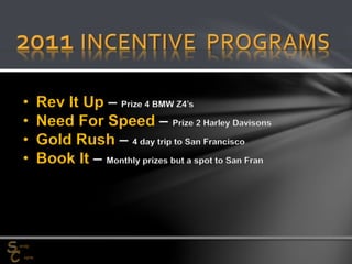 • Rev It Up – Prize 4 BMW Z4’s
• Need For Speed – Prize 2 Harley Davisons
• Gold Rush – 4 day trip to San Francisco
• Book It – Monthly prizes but a spot to San Fran
 