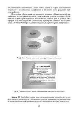 65
представляемой информации. Этого можно добиться через использование
визуального представления содержания с помощью схем, рисунков, таб-
лиц, графиков.
При выборе оформления презентации и создании эффектов старайтесь,
чтобы они не отвлекали внимание от содержания (именно поэтому в боль-
шинстве случаев рекомендуется использовать светлый фон и темный цвет
шрифта и не злоупотреблять анимацией). Примерами слайдов, реализован-
ных в MS PowerPoint при подготовке задания, могут выступать следующие:
Рис. 2. Методология педагогики как отрасль научного познания
Рис. 3. Система научных знаний как компонент методологии педагогики
Задача 13. Создайте список интернет-источников по проблеме мето-
дологии педагогического исследования с краткой аннотацией и рекомендаци-
ей по их использованию при выполнении исследований в области педагогики.
Copyright ОАО «ЦКБ «БИБКОМ» & ООО «Aгентство Kнига-Cервис»
 