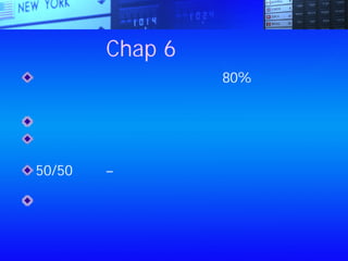 Chap 6：負債
至少保留七十萬現金在身邊，80%的緊急問題
可因此解決，這筆錢是緊急預備金，只有在破
產後才能動用，在這之前，當作它不存在
預備金可以提供你重新開始的機會
預備金可以幫助你重建自信，滿足你對安全感
的需求
50/50法則 – 把你剩餘錢數的一半拿去還債，
另一半存起來
你可以馬上開始儲蓄，不需要等到債務歸零時
才開始
 