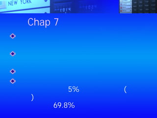 Chap 7：如何增加收入
不要把自己導向你現在的狀況，而是要
導向你喜歡的情況
如果你自行開業，也要支付自己固定的
薪水
一定要把私人財產與公司劃分清楚
假設在同一段時間裡，你必須償還的本
金通貨膨脹率為5%，七年後本金(扣除
利息)的實際價值和當初你借貸的時候相
比，只剩下69.8%
 