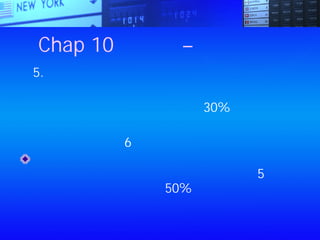 Chap 10：股票 – 養錢捷徑
5.金錢與耐心
第一次追加買進的時間應該在股價從
原先購買價格算起下跌至少30%以
上，且第一次購買與低價追加買進之
間至少需間隔6個月
你需要足夠的現金，只將這筆資本的一部份投
資股市，根據風險分散原則，購買至少5種不
同產業的股票，另保留50%的資本，做為追加
買進的資金
 