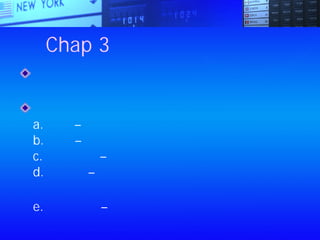 Chap 3：千萬是奇蹟嗎？
大多數人高估了一年內可以做的事，卻低估了
十年可以做的事
五項力求改變的層面
a.行動 – 對現狀的不滿，要付諸行動
b.技巧 – 更有效率的進行行動
c.人格發展 – 觀察並模仿身邊的典範
d.世界觀 – 世界上一定還有不同於黑白色的眼
鏡，提供機會而不是展現錯誤與陷阱
e.自我認同 – 自我認同往往是自我實現的先知
 