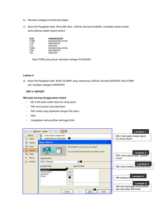 b)       Namakan sebagai frmmaklumat pelajar

c)       Buka Fail Pangkalan Data PELAJAR. Bina JADUAL bernama SUBJEK, manakala medan-medan
         serta datanya adalah seperti berikut:


          COD                NAMASUBJEK
          T1BM               BAHASA MALAYSIA
          T1M                MATEMATIK
          T1E                ENGLISH
          T2BM               BAHASA MALAYSIA
          T2M                MATEMATIK
          T2E                ENGLISH


             Bina FORM yang sesuai. Namakan sebagai frmSUBJEK.




Latihan 4

a)       Buka Fail Pangkalan Data BUKU ALAMAT yang mempunyai JADUAL bernama BIODATA. Bina FORM
         dan namakan sebagai frmBIODATA

     UNIT 4: REPORT

Mencipta borang menggunakan wizard
     −     klik 2 kali pada create report by using report
     −     Pilih nama jadual yang diperlukan
     −     Pilih medan yang diperlukan dengan klik pada >
     −     Next
     −     Lengkapkan semua pilihan sehingga finish



                                                                                                   Langkah 1:
                                                                                Klik 2 kali pada Create report
                                                                                by using wizard




                                                                                                  Langkah 2:
                                                                                Pilih nama jadual atau queries
                                                                                di sini

                                                                                                  Langkah 3:
                                                                                Klik nama medan yang diperlukan



                                                                                                  Langkah 4:
                                                                                Klik butang ini

                                                                                                  Langkah 5:
                                                                                Klik next sehingga tamat pilihan
                                                                                dan kemudian klik finish
                                                            15
 
