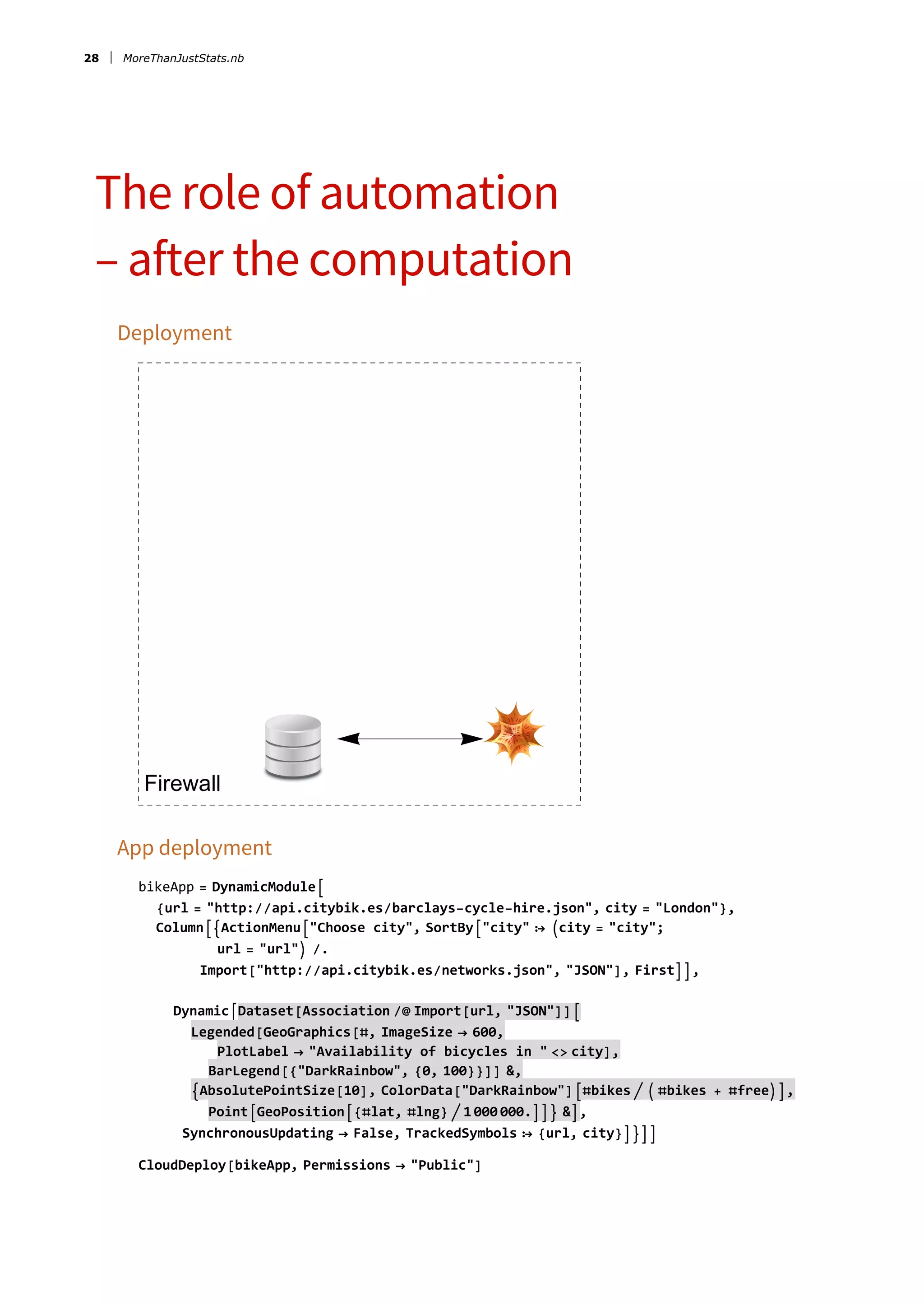 The role of automation
– after the computation
Deployment
Firewall
App deployment
bikeApp = DynamicModule
{url = &quot;http://api.citybik.es/barclays-cycle-hire.json&quot;, city = &quot;London&quot;},
ColumnActionMenu&quot;Choose city&quot;, SortBy&quot;city&quot; ⧴ city = &quot;city&quot;;
url = &quot;url&quot; /.
Import[&quot;http://api.citybik.es/networks.json&quot;, &quot;JSON&quot;], First,
DynamicDataset[Association /@ Import[url, &quot;JSON&quot;]]
Legended[GeoGraphics[#, ImageSize → 600,
PlotLabel → &quot;Availability of bicycles in &quot; &lt;&gt; city],
BarLegend[{&quot;DarkRainbow&quot;, {0, 100}}]] &amp;,
AbsolutePointSize[10], ColorData[&quot;DarkRainbow&quot;]#bikes   #bikes + #free,
PointGeoPosition{#lat, #lng}  1 000 000. &amp;,
SynchronousUpdating → False, TrackedSymbols ⧴ {url, city}
CloudDeploy[bikeApp, Permissions → &quot;Public&quot;]
28 MoreThanJustStats.nb
 