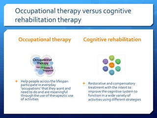 Occupational therapy versus cognitive
rehabilitation therapy
Occupational therapy
 Help people across the lifespan
participate in everyday
‘occupations’ that they want and
need to do and are meaningful
through the use of therapeutic use
of activities
Cognitive rehabilitation
 Restorative and compensatory
treatment with the intent to
improve the cognitive system to
function in a wide variety of
activities using different strategies
 