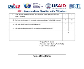 ABC+: Advancing Basic Education in the Philippines
9. Other related literacy programs are connected to the description of the
Project Initiative.
10. The interventions use the concepts and models taught in the ISPD Program.
11. The selection of stakeholders is explained.
12. The relevant demographics of the stakeholders are described.
Output Result:
Choose an
item.
Output Result Guide:
If score is more than 8, “Satisfied”;
If below 7, “Not Satisfied”
Name of Facilitator
 