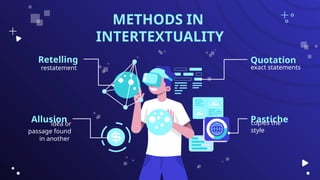 METHODS IN
INTERTEXTUALITY
idea or
passage found
in another
Retelling
restatement
Quotation
exact statements
Allusion Pastiche
copies the
style
 
