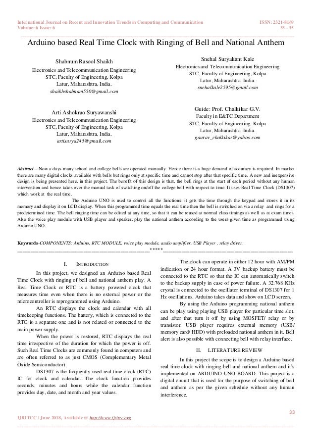 Arduino Based Real Time Clock With Ringing Of Bell And National Anthem