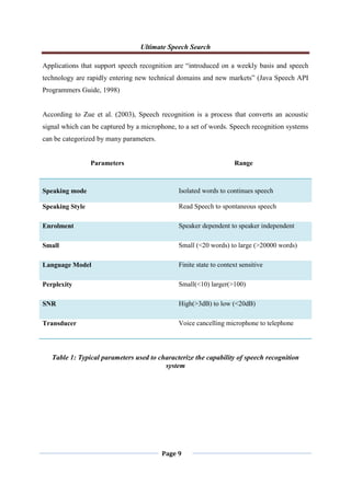 Ultimate Speech Search
Page 9
Applications that support speech recognition are “introduced on a weekly basis and speech
technology are rapidly entering new technical domains and new markets” (Java Speech API
Programmers Guide, 1998)
According to Zue et al. (2003), Speech recognition is a process that converts an acoustic
signal which can be captured by a microphone, to a set of words. Speech recognition systems
can be categorized by many parameters.
Parameters Range
Speaking mode Isolated words to continues speech
Speaking Style Read Speech to spontaneous speech
Enrolment Speaker dependent to speaker independent
Small Small (<20 words) to large (>20000 words)
Language Model Finite state to context sensitive
Perplexity Small(<10) larger(>100)
SNR High(>3dB) to low (<20dB)
Transducer Voice cancelling microphone to telephone
Table 1: Typical parameters used to characterize the capability of speech recognition
system
 
