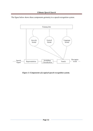 Ultimate Speech Search
Page 12
The figure below shows these components geometry in a speech recognition system.
Figure 3: Components of a typical speech recognition system.
 