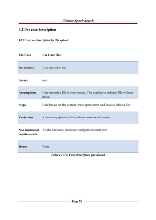 Ultimate Speech Search
Page 50
4.2 Use case description
4.2.1 Use case description for file upload
Use Case Use Case One
Description User uploads a file
Actors user
Assumptions User uploads a file in .wav format. The user has to upload a file without
noise.
Steps User has to run the system, press open button and have to select a file
Variations A user may uploads a file without noise or with noise,
Non functional
requirements
All the necessary hardware configuration must met.
Issues None
Table 4 : Use Case description file upload
 