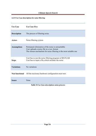 Ultimate Speech Search
Page 54
4.2.5 Use Case description for noise filtering
Use Case Use Case Five
Description The process of filtering noise
Actors Noise filtering system
Assumptions Permanent elimination of the noise is unreachable.
User uploads a noisy file in a wav format
The chosen mechanism for noise filtering is the most suitable one
Steps
User has to run the noise filtering program in MATLAB
User has to input a file which includes the noise
Variations No variations
Non functional All the necessary hardware configuration must met.
Issues None
Table 8 Use Case description noise process
 
