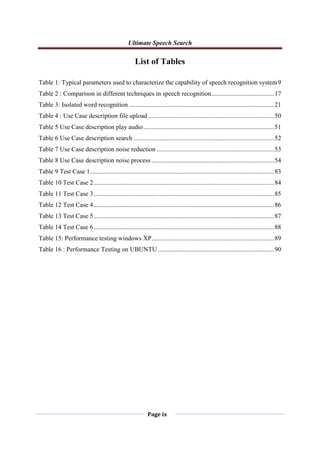 Ultimate Speech Search
Page ix
List of Tables
Table 1: Typical parameters used to characterize the capability of speech recognition system9
Table 2 : Comparison in different techniques in speech recognition.......................................17
Table 3: Isolated word recognition ..........................................................................................21
Table 4 : Use Case description file upload ..............................................................................50
Table 5 Use Case description play audio.................................................................................51
Table 6 Use Case description search .......................................................................................52
Table 7 Use Case description noise reduction .........................................................................53
Table 8 Use Case description noise process ............................................................................54
Table 9 Test Case 1..................................................................................................................83
Table 10 Test Case 2................................................................................................................84
Table 11 Test Case 3................................................................................................................85
Table 12 Test Case 4................................................................................................................86
Table 13 Test Case 5................................................................................................................87
Table 14 Test Case 6................................................................................................................88
Table 15: Performance testing windows XP............................................................................89
Table 16 : Performance Testing on UBUNTU ........................................................................90
 