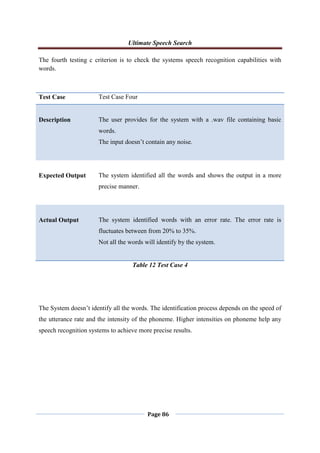Ultimate Speech Search
Page 86
The fourth testing c criterion is to check the systems speech recognition capabilities with
words.
Test Case Test Case Four
Description The user provides for the system with a .wav file containing basic
words.
The input doesn‟t contain any noise.
Expected Output The system identified all the words and shows the output in a more
precise manner.
Actual Output The system identified words with an error rate. The error rate is
fluctuates between from 20% to 35%.
Not all the words will identify by the system.
Table 12 Test Case 4
The System doesn‟t identify all the words. The identification process depends on the speed of
the utterance rate and the intensity of the phoneme. Higher intensities on phoneme help any
speech recognition systems to achieve more precise results.
 
