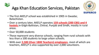 Aga Khan Education Services, Pakistan
• The first AKES,P school was established in 1905 in Gwadar,
Balochistan.
• Over a century later, AKES,P operates 159 schools (200 CBS) and 4
hostels in Gilgit-Baltistan, Chitral, Punjab and Sindh, mostly in rural
areas.
• Over 50,000 students
• These represent very diverse schools, ranging from rural schools with
less than a 100 students to large urban schools.
• With over 2,500 (Over 1800 Teachers) employees, most of which are
teachers, AKES,P is also supported by over 2,000 volunteers.
 