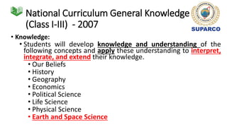 National Curriculum General Knowledge
(Class I-III) - 2007
• Knowledge:
• Students will develop knowledge and understanding of the
following concepts and apply these understanding to interpret,
integrate, and extend their knowledge.
• Our Beliefs
• History
• Geography
• Economics
• Political Science
• Life Science
• Physical Science
• Earth and Space Science
 