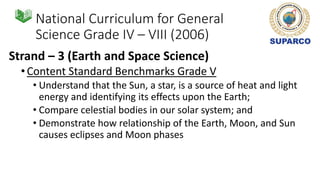 National Curriculum for General
Science Grade IV – VIII (2006)
Strand – 3 (Earth and Space Science)
•Content Standard Benchmarks Grade V
• Understand that the Sun, a star, is a source of heat and light
energy and identifying its effects upon the Earth;
• Compare celestial bodies in our solar system; and
• Demonstrate how relationship of the Earth, Moon, and Sun
causes eclipses and Moon phases
 