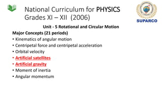 National Curriculum for PHYSICS
Grades XI – XII (2006)
Unit - 5 Rotational and Circular Motion
Major Concepts (21 periods)
• Kinematics of angular motion
• Centripetal force and centripetal acceleration
• Orbital velocity
• Artificial satellites
• Artificial gravity
• Moment of inertia
• Angular momentum
 