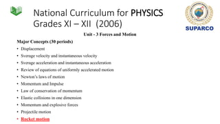 National Curriculum for PHYSICS
Grades XI – XII (2006)
Unit - 3 Forces and Motion
Major Concepts (30 periods)
• Displacement
• Sverage velocity and instantaneous velocity
• Sverage acceleration and instantaneous acceleration
• Review of equations of uniformly accelerated motion
• Newton’s laws of motion
• Momentum and Impulse
• Law of conservation of momentum
• Elastic collisions in one dimension
• Momentum and explosive forces
• Projectile motion
• Rocket motion
 