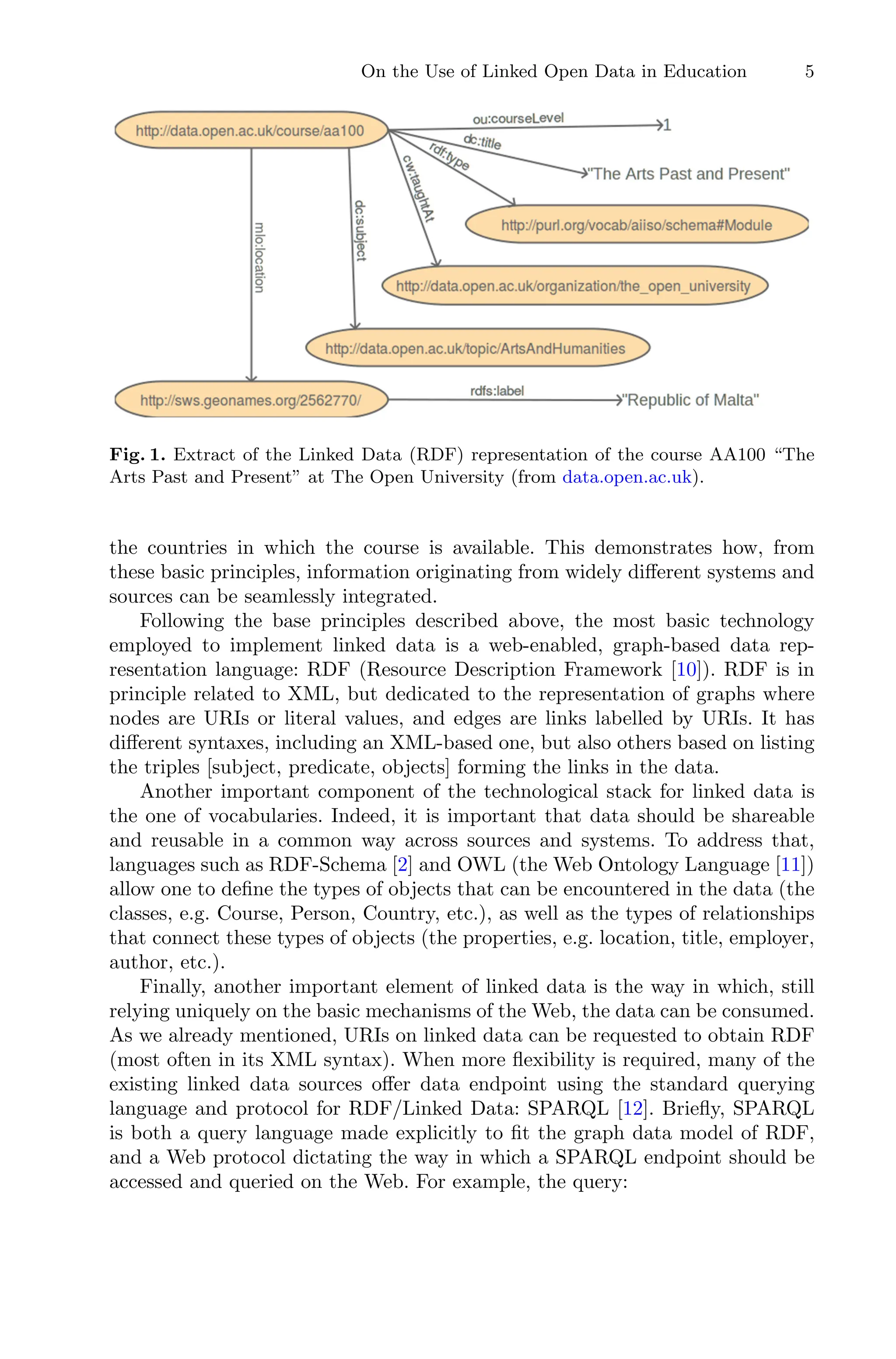 On the Use of Linked Open Data in Education 5
Fig. 1. Extract of the Linked Data (RDF) representation of the course AA100 “The
Arts Past and Present” at The Open University (from data.open.ac.uk).
the countries in which the course is available. This demonstrates how, from
these basic principles, information originating from widely diﬀerent systems and
sources can be seamlessly integrated.
Following the base principles described above, the most basic technology
employed to implement linked data is a web-enabled, graph-based data rep-
resentation language: RDF (Resource Description Framework [10]). RDF is in
principle related to XML, but dedicated to the representation of graphs where
nodes are URIs or literal values, and edges are links labelled by URIs. It has
diﬀerent syntaxes, including an XML-based one, but also others based on listing
the triples [subject, predicate, objects] forming the links in the data.
Another important component of the technological stack for linked data is
the one of vocabularies. Indeed, it is important that data should be shareable
and reusable in a common way across sources and systems. To address that,
languages such as RDF-Schema [2] and OWL (the Web Ontology Language [11])
allow one to deﬁne the types of objects that can be encountered in the data (the
classes, e.g. Course, Person, Country, etc.), as well as the types of relationships
that connect these types of objects (the properties, e.g. location, title, employer,
author, etc.).
Finally, another important element of linked data is the way in which, still
relying uniquely on the basic mechanisms of the Web, the data can be consumed.
As we already mentioned, URIs on linked data can be requested to obtain RDF
(most often in its XML syntax). When more ﬂexibility is required, many of the
existing linked data sources oﬀer data endpoint using the standard querying
language and protocol for RDF/Linked Data: SPARQL [12]. Brieﬂy, SPARQL
is both a query language made explicitly to ﬁt the graph data model of RDF,
and a Web protocol dictating the way in which a SPARQL endpoint should be
accessed and queried on the Web. For example, the query:
 