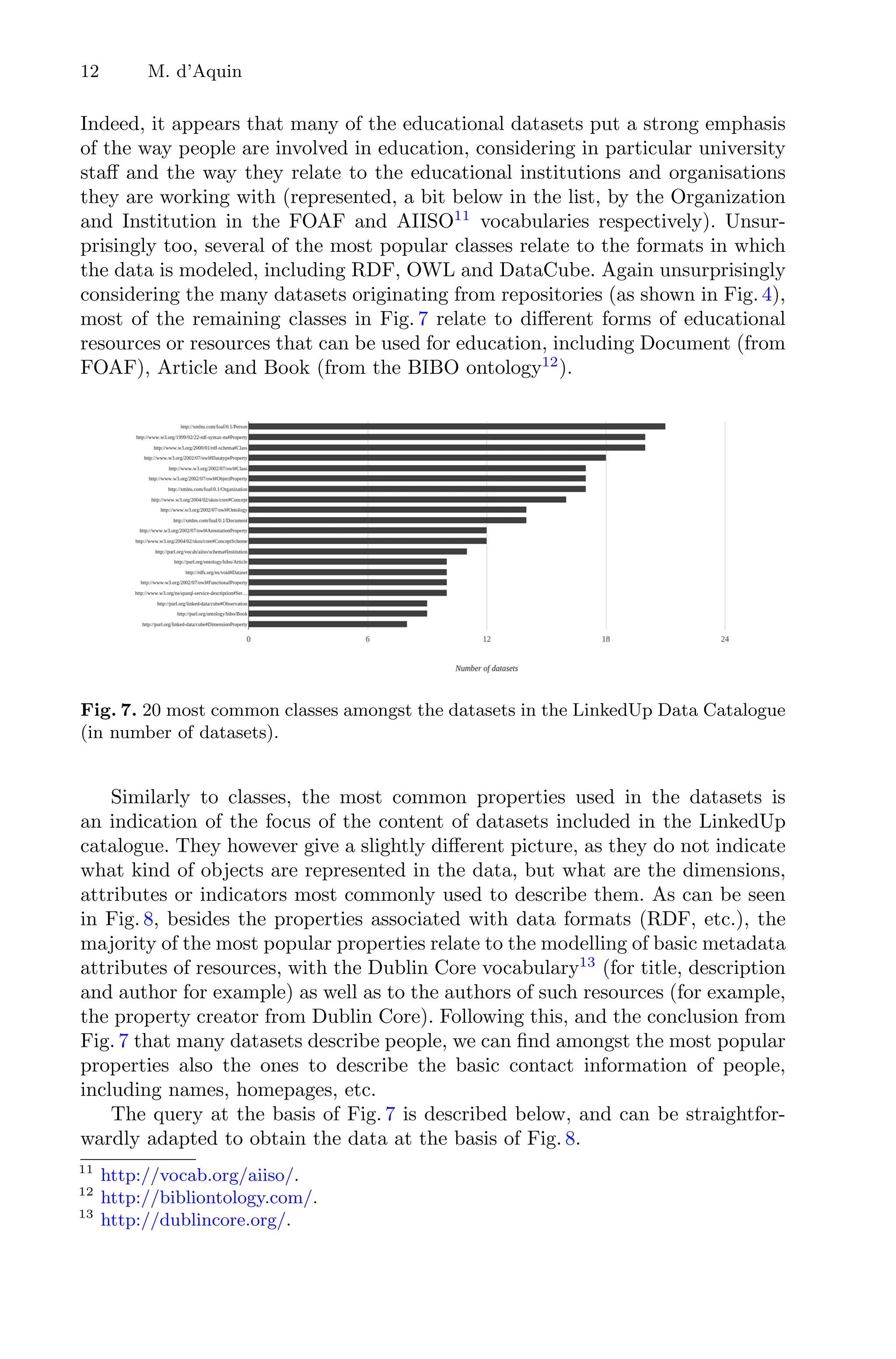 12 M. d’Aquin
Indeed, it appears that many of the educational datasets put a strong emphasis
of the way people are involved in education, considering in particular university
staﬀ and the way they relate to the educational institutions and organisations
they are working with (represented, a bit below in the list, by the Organization
and Institution in the FOAF and AIISO11
vocabularies respectively). Unsur-
prisingly too, several of the most popular classes relate to the formats in which
the data is modeled, including RDF, OWL and DataCube. Again unsurprisingly
considering the many datasets originating from repositories (as shown in Fig. 4),
most of the remaining classes in Fig. 7 relate to diﬀerent forms of educational
resources or resources that can be used for education, including Document (from
FOAF), Article and Book (from the BIBO ontology12
).
Fig. 7. 20 most common classes amongst the datasets in the LinkedUp Data Catalogue
(in number of datasets).
Similarly to classes, the most common properties used in the datasets is
an indication of the focus of the content of datasets included in the LinkedUp
catalogue. They however give a slightly diﬀerent picture, as they do not indicate
what kind of objects are represented in the data, but what are the dimensions,
attributes or indicators most commonly used to describe them. As can be seen
in Fig. 8, besides the properties associated with data formats (RDF, etc.), the
majority of the most popular properties relate to the modelling of basic metadata
attributes of resources, with the Dublin Core vocabulary13
(for title, description
and author for example) as well as to the authors of such resources (for example,
the property creator from Dublin Core). Following this, and the conclusion from
Fig. 7 that many datasets describe people, we can ﬁnd amongst the most popular
properties also the ones to describe the basic contact information of people,
including names, homepages, etc.
The query at the basis of Fig. 7 is described below, and can be straightfor-
wardly adapted to obtain the data at the basis of Fig. 8.
11
http://vocab.org/aiiso/.
12
http://bibliontology.com/.
13
http://dublincore.org/.
 