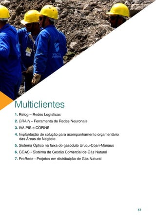 57
1. Relog – Redes Logísticas
2. BRAIN – Ferramenta de Redes Neuronais
3. IVA PIS e COFINS
4. Implantação de solução para acompanhamento orçamentário
das Áreas de Negócio
5. Sistema Óptico na faixa do gasoduto Urucu-Coari-Manaus
6. GGAS - Sistema de Gestão Comercial de Gás Natural
7. ProRede - Projetos em distribuição de Gás Natural
Multiclientes
 