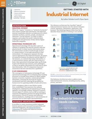 © DZONE, INC. | DZONE.COM
GETTING STARTED WITH
Industrial Internet
By Lothar Schubert and G. Ryan Spain
» Introduction
» Reference Architecture
» Sensors and Actuators
» Control Systems
» Machine Software and
Connectivity... and more!
CONTENTS
JAVAENTERPRISEEDITION7
INTRODUCTION
INDUSTRIAL INTERNET
While the “regular” Internet is a “network of networks”
that connects people with information, the Industrial
Internet (sometimes refered to as Industrial IoT or IIoT)
networks machines, systems, people, and physical
industries—via the Internet—in order to collect,
organize, and analyze the world’s industrial data,
enabling the next generation of data-driven Digital
Industrial companies.
OPERATIONAL TECHNOLOGY (OT)
Operational Technology (OT) describes a piece of
software or hardware that directly interacts with the
physical world. It either receives information about
the environment outside of itself through sensors;
or, using actuators, it can make alterations to that
environment. OT components represent the data
sources ingested into the Industrial Internet, the points
of connection between the physical and the digital. If
the Internet, as a network that relays information, is
a central nervous system, with the cloud acting as a
brain, then operational technology makes up the body.
It gives the Internet eyes and ears, arms and fingers,
so that it can gather information for itself and act upon
that information. Still, OT components have local
autonomous decision and execution capabilities.
IT/OT CONVERGENCE
The convergence of information technology (IT) and
operational technology (OT) is reshaping long-standing
processes in virtually every industry to allow complex
systems to monitor, maintain, control and optimize
themselves, removing the necessity for human
involvement (and thus reducing the possibility for
human error) in a growing number of tasks and actions.
IT/OT convergence refers to two distinct trends:
First, established IT best practices (for software
development, deployment and operations) are being
applied to increasingly software-defined OT systems.
Second, legacy IT systems (such as ERP accounting or
inventory management systems) are being interfaced
with business-critical OT systems and Industrial
Internet platforms, enabling end-to-end automation of
processes such as asset repair and maintenance.
REFERENCE ARCHITECTURE
In an effort to create consistency within Industrial
Internet systems with increased interoperability and
improved integration, the Industrial Internet
Consortium (IIC) drafted the Industrial Internet
Reference Architecture.
GetMoreRefcardz!Visitdzone.com/refcardz BROUGHT TO YOU BY:222GETTINGSTARTEDWITHINDUSTRIALINTERNET
The reference architecture has classified “typical”
Industrial Internet Systems into five distinct domains:
control, operations, information, application, and
business. The following diagram shows how the IIC
identifies these domains as relating to one another:
GREEN ARROWS: DATA/INFORMATION FLOWS
GREY/WHITE ARROWS: DECISION FLOWS
RED ARROWS: COMMAND/REQUEST FLOWS
FIGURE 1: Industrial Internet Systems Functional Domains from the IIC
Industrial Internet Reference Architecture
This Reference Architecture aims to address many
Industrial Internet concerns, including security, safety,
privacy, and more.
 