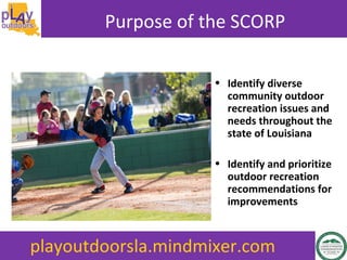 Purpose of the SCORP
• Identify diverse
community outdoor
recreation issues and
needs throughout the
state of Louisiana
• Identify and prioritize
outdoor recreation
recommendations for
improvements
playoutdoorsla.mindmixer.com
 