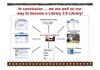 In conclusion … we are well on our
way to become a Library 2.0 Library!
User-centered & Web 2.0
VRE
eService Steering
Committee
Patron 2.0 - UPSpace
E-Learning Federated Search Engine
OPAC
Client feedback/ Reviews
RSS Feeds
Blogs
Wiki’s
Etc.
 
