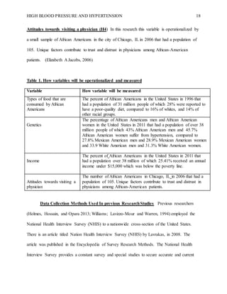 HIGH BLOOD PRESSURE AND HYPERTENSION 18
Attitudes towards visiting a physician (H4) In this research this variable is operationalized by
a small sample of African Americans in the city of Chicago, IL in 2006 that had a population of
105. Unique factors contribute to trust and distrust in physicians among African-American
patients. (Elizabeth A Jacobs, 2006)
Table 1. How variables will be operationalized and measured
Variable How variable will be measured
Types of food that are
consumed by African
Americans
The percent of African Americans in the United States in 1996 that
had a population of 31 million people of which 28% were reported to
have a poor-quality diet, compared to 16% of whites, and 14% of
other racial groups.
Genetics
The percentage of African Americans men and African American
women in the United States in 2011 that had a population of over 38
million people of which 43% African American men and 45.7%
African American women suffer from hypertension, compared to
27.8% Mexican American men and 28.9% Mexican American women
and 33.9 White American men and 31.3% White American women.
Income
The percent of African Americans in the United States in 2011 that
had a population over 38 million of which 25.41% received an annual
income under $15,000 which was below the poverty line.
Attitudes towards visiting a
physician
The number of African Americans in Chicago, IL in 2006 that had a
population of 105. Unique factors contribute to trust and distrust in
physicians among African-American patients.
Data Collection Methods Used In previous ResearchStudies Previous researchers
(Holmes, Hossain, and Opara 2013; Williams; Lavizzo-Mour and Warren, 1994) employed the
National Health Interview Survey (NHIS) to a nationwide cross-section of the United States.
There is an article titled Nation Health Interview Survey (NHIS) by Lavrakas, in 2008. The
article was published in the Encyclopedia of Survey Research Methods. The National Health
Interview Survey provides a constant survey and special studies to secure accurate and current
 