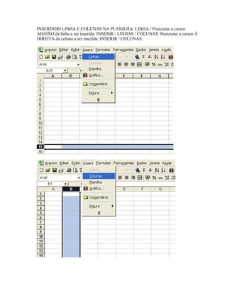 INSERINDO LINHA E COLUNAS NA PLANILHA: LINHA / Posicione o cursor
ABAIXO da linha a ser inserida: INSERIR / LINHAS / COLUNAS: Posicione o cursor Á
DIREITA da coluna a ser inserida: INSERIR / COLUNAS.
 