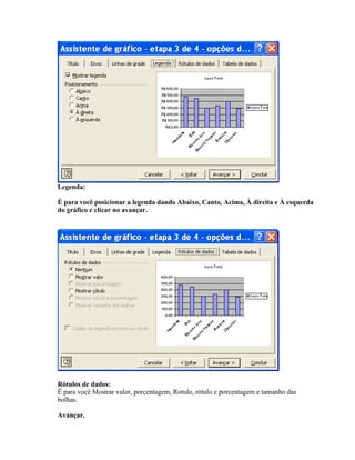 Legenda:

É para você posicionar a legenda dando Abaixo, Canto, Acima, À direita e À esquerda
do gráfico e clicar no avançar.




Rótulos de dados:
É para você Mostrar valor, porcentagem, Rotulo, rótulo e porcentagem e tamanho das
bolhas.

Avançar.
 