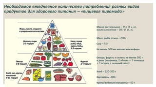 Необходимое ежедневное количество потребления разных видов
продуктов для здорового питания – «пищевая пирамида»
Масло растительное – 15 г (3 ч. л.),
масло сливочное – 30 г (1 ст. л.)
Мясо, рыба, птица – 200 г
Сыр – 15 г
Не менее 500 мл молока или кефира
Овощи, фрукты и зелень не менее 500 г
в день (например, 2 яблока + 1 помидор
+ 1 огурец + зеленый салат)
Хлеб – 220-300 г
Картофель -200 г
Крупы/бобовые/макароны – 50 г
 