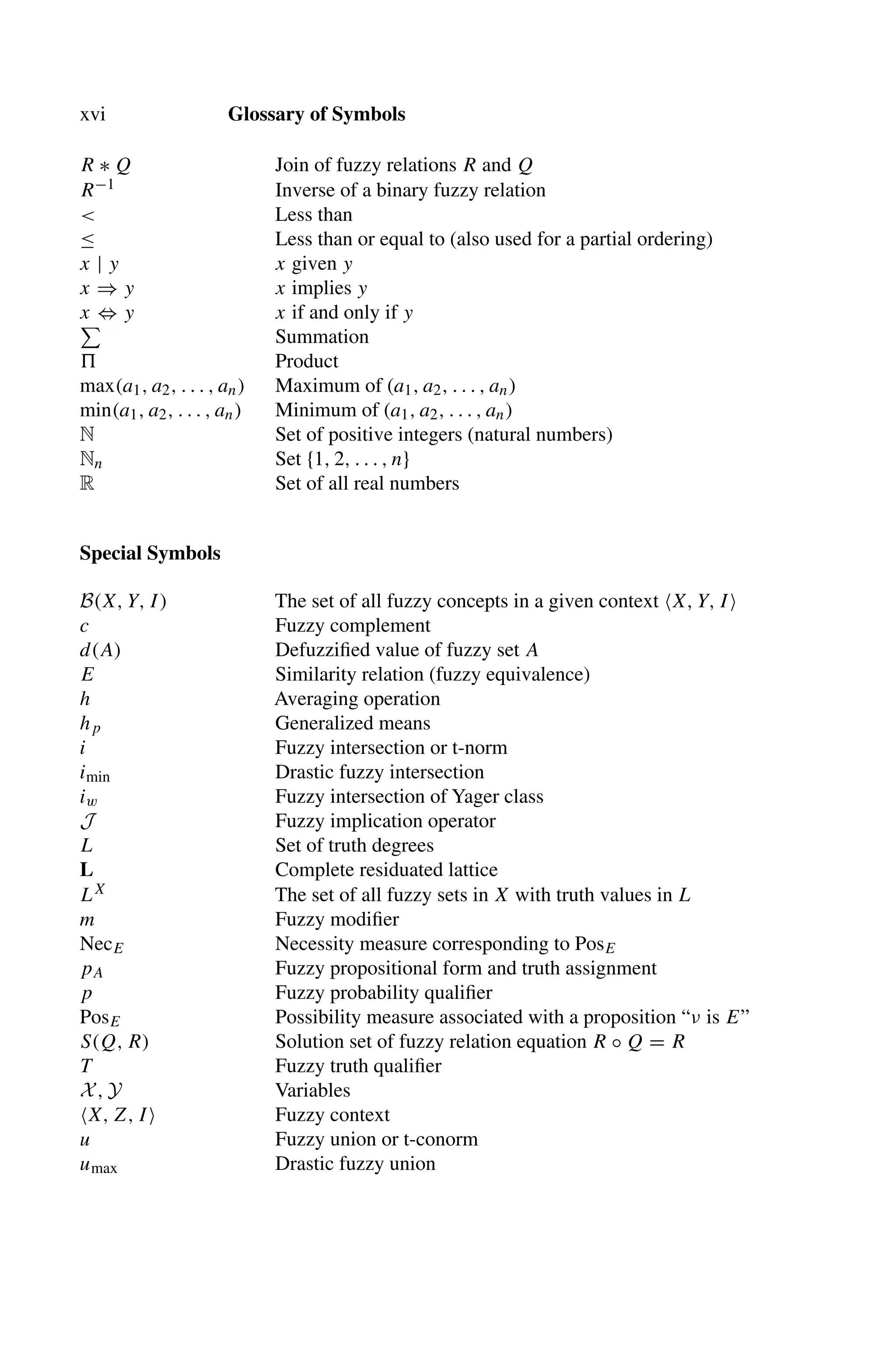 xvi Glossary of Symbols
R ∗ Q Join of fuzzy relations R and Q
R−1 Inverse of a binary fuzzy relation
 Less than
≤ Less than or equal to (also used for a partial ordering)
x | y x given y
x ⇒ y x implies y
x ⇔ y x if and only if y

Summation
 Product
max(a1, a2, . . . , an) Maximum of (a1, a2, . . . , an)
min(a1, a2, . . . , an) Minimum of (a1, a2, . . . , an)
N Set of positive integers (natural numbers)
Nn Set {1, 2, . . . , n}
R Set of all real numbers
Special Symbols
B(X, Y, I) The set of all fuzzy concepts in a given context X, Y, I
c Fuzzy complement
d(A) Defuzziﬁed value of fuzzy set A
E Similarity relation (fuzzy equivalence)
h Averaging operation
hp Generalized means
i Fuzzy intersection or t-norm
imin Drastic fuzzy intersection
iw Fuzzy intersection of Yager class
J Fuzzy implication operator
L Set of truth degrees
L Complete residuated lattice
LX The set of all fuzzy sets in X with truth values in L
m Fuzzy modiﬁer
NecE Necessity measure corresponding to PosE
pA Fuzzy propositional form and truth assignment
p Fuzzy probability qualiﬁer
PosE Possibility measure associated with a proposition “ν is E”
S(Q, R) Solution set of fuzzy relation equation R ◦ Q = R
T Fuzzy truth qualiﬁer
X, Y Variables
X, Z, I Fuzzy context
u Fuzzy union or t-conorm
umax Drastic fuzzy union
 