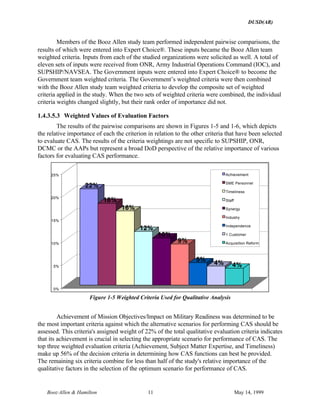 DUSD(AR)
Booz·Allen & Hamilton 11 May 14, 1999
Members of the Booz⋅Allen study team performed independent pairwise comparisons, the
results of which were entered into Expert Choice®. These inputs became the Booz⋅Allen team
weighted criteria. Inputs from each of the studied organizations were solicited as well. A total of
eleven sets of inputs were received from ONR, Army Industrial Operations Command (IOC), and
SUPSHIP/NAVSEA. The Government inputs were entered into Expert Choice® to become the
Government team weighted criteria. The Government’s weighted criteria were then combined
with the Booz⋅Allen study team weighted criteria to develop the composite set of weighted
criteria applied in the study. When the two sets of weighted criteria were combined, the individual
criteria weights changed slightly, but their rank order of importance did not.
1.4.3.5.3 Weighted Values of Evaluation Factors
The results of the pairwise comparisons are shown in Figures 1-5 and 1-6, which depicts
the relative importance of each the criterion in relation to the other criteria that have been selected
to evaluate CAS. The results of the criteria weightings are not specific to SUPSHIP, ONR,
DCMC or the AAPs but represent a broad DoD perspective of the relative importance of various
factors for evaluating CAS performance.
22%
18%
16%
12%
10%
9%
5%
4% 4%
0%
5%
10%
15%
20%
25% Achievement
SME Personnel
Timeliness
Staff
Synergy
Industry
Independence
1 Customer
Acquisition Reform
Figure 1-5 Weighted Criteria Used for Qualitative Analysis
Achievement of Mission Objectives/Impact on Military Readiness was determined to be
the most important criteria against which the alternative scenarios for performing CAS should be
assessed. This criteria's assigned weight of 22% of the total qualitative evaluation criteria indicates
that its achievement is crucial in selecting the appropriate scenario for performance of CAS. The
top three weighted evaluation criteria (Achievement, Subject Matter Expertise, and Timeliness)
make up 56% of the decision criteria in determining how CAS functions can best be provided.
The remaining six criteria combine for less than half of the study's relative importance of the
qualitative factors in the selection of the optimum scenario for performance of CAS.
 