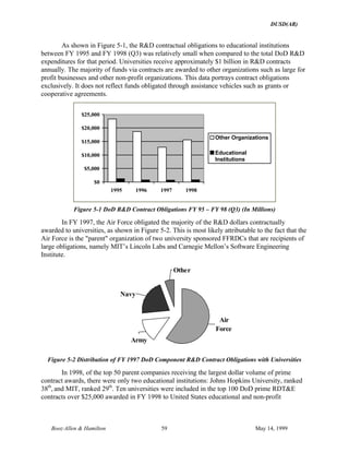 DUSD(AR)
Booz·Allen & Hamilton 59 May 14, 1999
As shown in Figure 5-1, the R&D contractual obligations to educational institutions
between FY 1995 and FY 1998 (Q3) was relatively small when compared to the total DoD R&D
expenditures for that period. Universities receive approximately $1 billion in R&D contracts
annually. The majority of funds via contracts are awarded to other organizations such as large for
profit businesses and other non-profit organizations. This data portrays contract obligations
exclusively. It does not reflect funds obligated through assistance vehicles such as grants or
cooperative agreements.
$0
$5,000
$10,000
$15,000
$20,000
$25,000
1995 1996 1997 1998
Other Organizations
Educational
Institutions
Figure 5-1 DoD R&D Contract Obligations FY 95 – FY 98 (Q3) (In Millions)
In FY 1997, the Air Force obligated the majority of the R&D dollars contractually
awarded to universities, as shown in Figure 5-2. This is most likely attributable to the fact that the
Air Force is the "parent" organization of two university sponsored FFRDCs that are recipients of
large obligations, namely MIT’s Lincoln Labs and Carnegie Mellon’s Software Engineering
Institute.
Other
Air
Force
Army
Navy
Figure 5-2 Distribution of FY 1997 DoD Component R&D Contract Obligations with Universities
In 1998, of the top 50 parent companies receiving the largest dollar volume of prime
contract awards, there were only two educational institutions: Johns Hopkins University, ranked
38th
, and MIT, ranked 29th
. Ten universities were included in the top 100 DoD prime RDT&E
contracts over $25,000 awarded in FY 1998 to United States educational and non-profit
 
