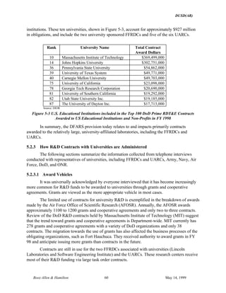 DUSD(AR)
Booz·Allen & Hamilton 60 May 14, 1999
institutions. These ten universities, shown in Figure 5-3, account for approximately $927 million
in obligations, and include the two university sponsored FFRDCs and five of the six UARCs.
Rank University Name Total Contract
Award Dollars
10 Massachusetts Institute of Technology $369,499,000
14 Johns Hopkins University $302,751,000
36 Pennsylvania State University $54,862,000
39 University of Texas System $49,771,000
40 Carnegie Mellon University $49,703,000
75 University of California $23,098,000
78 Georgia Tech Research Corporation $20,690,000
81 University of Southern California $19,292,000
82 Utah State University Inc. $19,185,000
87 The University of Dayton Inc. $17,713,000
Source: DIOR
Figure 5-3 U.S. Educational Institutions included in the Top 100 DoD Prime RDT&E Contracts
Awarded to US Educational Institutions and Non-Profits in FY 1998
In summary, the DFARS provision today relates to and impacts primarily contracts
awarded to the relatively large, university-affiliated laboratories, including the FFRDCs and
UARCs.
5.2.3 How R&D Contracts with Universities are Administered
The following sections summarize the information collected from telephone interviews
conducted with representatives of universities, including FFRDCs and UARCs, Army, Navy, Air
Force, DoD, and ONR.
5.2.3.1 Award Vehicles
It was universally acknowledged by everyone interviewed that it has become increasingly
more common for R&D funds to be awarded to universities through grants and cooperative
agreements. Grants are viewed as the more appropriate vehicle in most cases.
The limited use of contracts for university R&D is exemplified in the breakdown of awards
made by the Air Force Office of Scientific Research (AFOSR). Annually, the AFOSR awards
approximately 1100 to 1200 grants and cooperative agreements and only two to three contracts.
Review of the DoD R&D contracts held by Massachusetts Institute of Technology (MIT) suggest
that the trend toward grants and cooperative agreements is Department-wide. MIT currently has
278 grants and cooperative agreements with a variety of DoD organizations and only 38
contracts. The migration towards the use of grants has also affected the business processes of the
obligating organizations, such as Fort Hauchuca. They received authority to award grants in FY
98 and anticipate issuing more grants than contracts in the future.
Contracts are still in use for the two FFRDCs associated with universities (Lincoln
Laboratories and Software Engineering Institute) and the UARCs. These research centers receive
most of their R&D funding via large task order contracts.
 