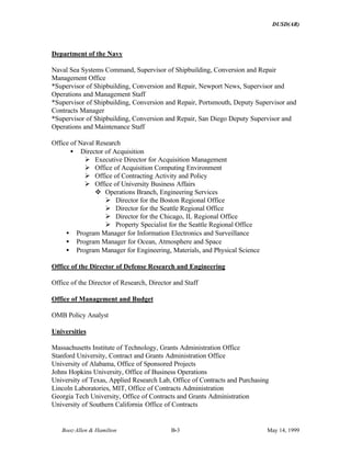 DUSD(AR)
Booz·Allen & Hamilton B-3 May 14, 1999
Department of the Navy
Naval Sea Systems Command, Supervisor of Shipbuilding, Conversion and Repair
Management Office
*Supervisor of Shipbuilding, Conversion and Repair, Newport News, Supervisor and
Operations and Management Staff
*Supervisor of Shipbuilding, Conversion and Repair, Portsmouth, Deputy Supervisor and
Contracts Manager
*Supervisor of Shipbuilding, Conversion and Repair, San Diego Deputy Supervisor and
Operations and Maintenance Staff
Office of Naval Research
• Director of Acquisition
Ø Executive Director for Acquisition Management
Ø Office of Acquisition Computing Environment
Ø Office of Contracting Activity and Policy
Ø Office of University Business Affairs
v Operations Branch, Engineering Services
Ø Director for the Boston Regional Office
Ø Director for the Seattle Regional Office
Ø Director for the Chicago, IL Regional Office
Ø Property Specialist for the Seattle Regional Office
• Program Manager for Information Electronics and Surveillance
• Program Manager for Ocean, Atmosphere and Space
• Program Manager for Engineering, Materials, and Physical Science
Office of the Director of Defense Research and Engineering
Office of the Director of Research, Director and Staff
Office of Management and Budget
OMB Policy Analyst
Universities
Massachusetts Institute of Technology, Grants Administration Office
Stanford University, Contract and Grants Administration Office
University of Alabama, Office of Sponsored Projects
Johns Hopkins University, Office of Business Operations
University of Texas, Applied Research Lab, Office of Contracts and Purchasing
Lincoln Laboratories, MIT, Office of Contracts Administration
Georgia Tech University, Office of Contracts and Grants Administration
University of Southern California Office of Contracts
 