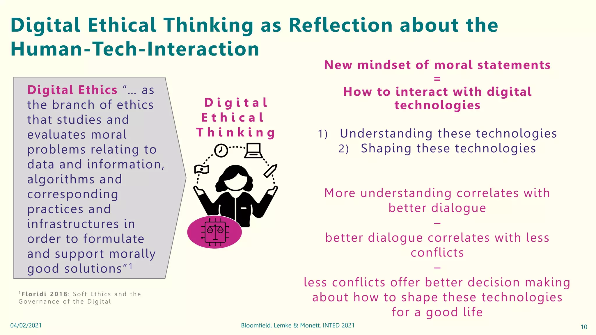 Digital Ethical Thinking as Reflection about the
Human-Tech-Interaction
1Flori d i 2018 : Soft Ethics and the
Governan c e of the Digital
10
Bloomfield, Lemke & Monett, INTED 2021
04/02/2021
D i g i t a l
E t h i c a l
T h i n k i n g
New mindset of moral statements
=
How to interact with digital
technologies
1) Understanding these technologies
2) Shaping these technologies
More understanding correlates with
better dialogue
–
better dialogue correlates with less
conflicts
–
less conflicts offer better decision making
about how to shape these technologies
for a good life
Digital Ethics “… as
the branch of ethics
that studies and
evaluates moral
problems relating to
data and information,
algorithms and
corresponding
practices and
infrastructures in
order to formulate
and support morally
good solutions”1
 