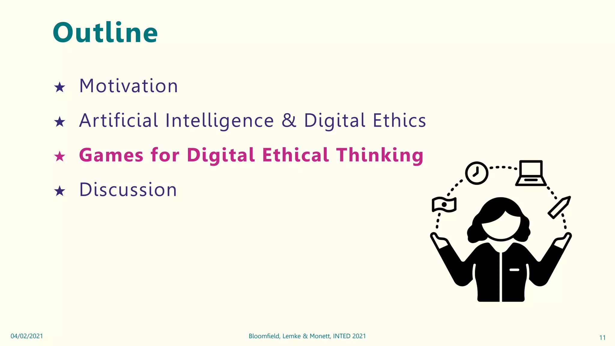 Outline
★ Motivation
★ Artificial Intelligence & Digital Ethics
★ Games for Digital Ethical Thinking
★ Discussion
11
Bloomfield, Lemke & Monett, INTED 2021
04/02/2021
 