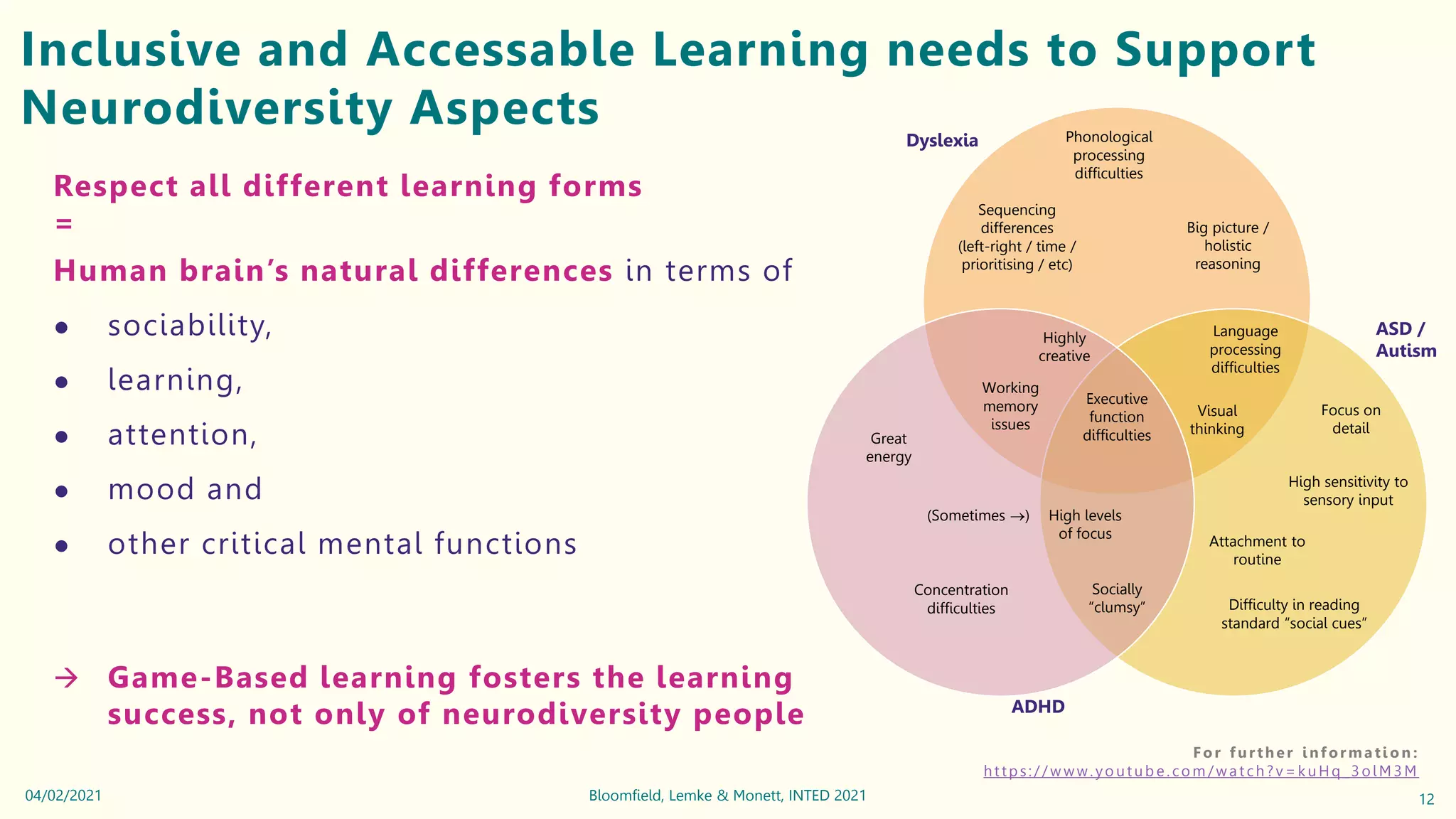 Inclusive and Accessable Learning needs to Support
Neurodiversity Aspects
For further informati o n :
https:// w w w. yo ut ub e . co m/ w a t ch ? v= k u Hq _3 ol M 3 M
12
Bloomfield, Lemke & Monett, INTED 2021
04/02/2021
Phonological
processing
difficulties
Working
memory
issues
Executive
function
difficulties
Highly
creative
Big picture /
holistic
reasoning
Visual
thinking
High levels
of focus
Great
energy
Concentration
difficulties
Focus on
detail
Language
processing
difficulties
Difficulty in reading
standard “social cues”
Attachment to
routine
(Sometimes )
Sequencing
differences
(left-right / time /
prioritising / etc)
High sensitivity to
sensory input
Socially
“clumsy”
Dyslexia
ASD /
Autism
ADHD
Respect all different learning forms
=
Human brain’s natural differences in terms of
● sociability,
● learning,
● attention,
● mood and
● other critical mental functions
 Game-Based learning fosters the learning
success, not only of neurodiversity people
 