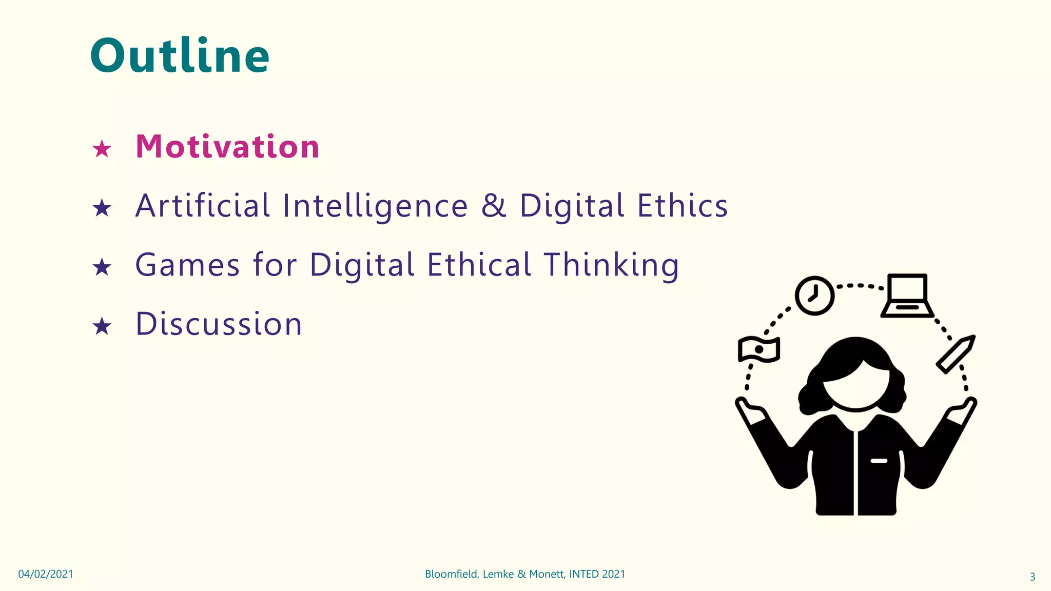 Outline
★ Motivation
★ Artificial Intelligence & Digital Ethics
★ Games for Digital Ethical Thinking
★ Discussion
3
Bloomfield, Lemke & Monett, INTED 2021
04/02/2021
 