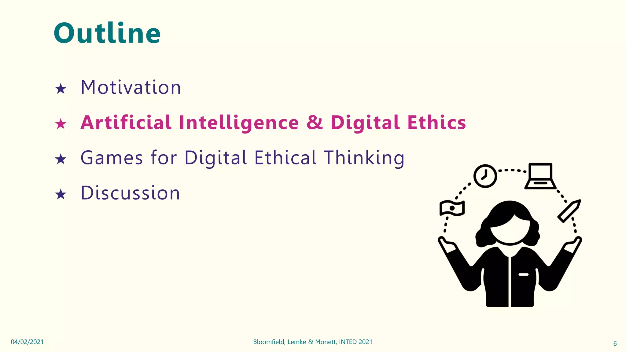 Outline
★ Motivation
★ Artificial Intelligence & Digital Ethics
★ Games for Digital Ethical Thinking
★ Discussion
6
Bloomfield, Lemke & Monett, INTED 2021
04/02/2021
 